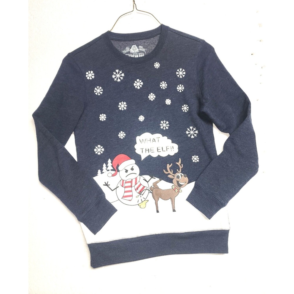 American Rag Sweatshirt Men Small Blue What The Elf Winter Holidays Long Sleeve